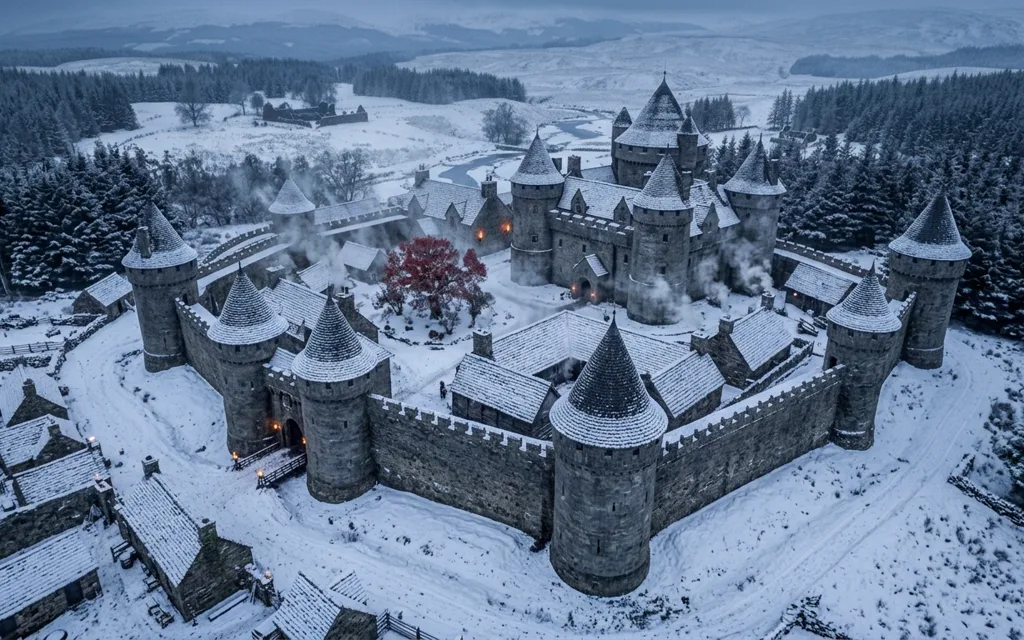Un château du Nord sous la neige, ses remparts et son bourg