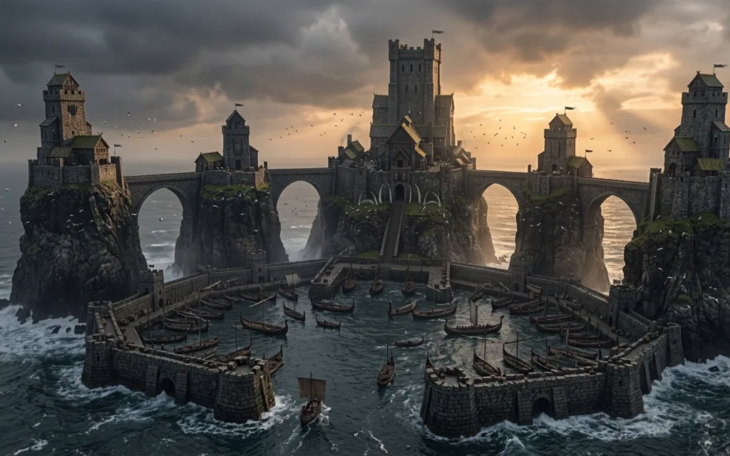 Une forteresse des îles de Fer, ses remparts et sa flotte au mouillage